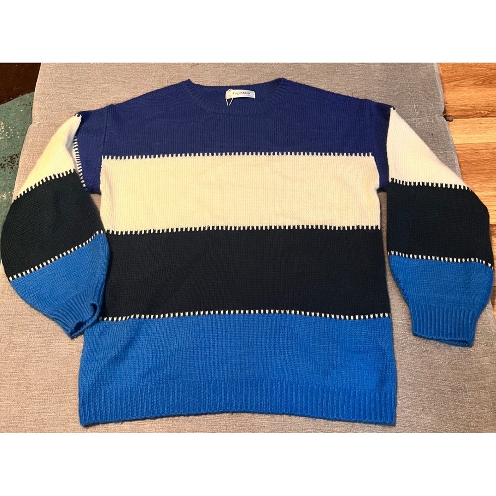 Angashion Women Striped Crewneck Long Sleeve Sweater Blue‎ White Black L
